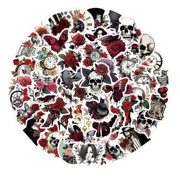 Stickers Skeleton Gothic Steampunk Roses Butterflies Bulk Stickers 50 PK NWT - Picture 1 of 4